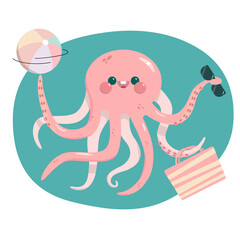 Happy octopus with ball and glasses. Smiling poulpe going to beach, summer concept. Brilliant underwater inhabitant have fun on the plage
