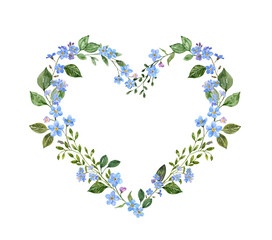 Watercolor floral heart wreath with wildflowers and green leaves, isolated on white background. Wedding botanical invitation, photo border or card template. Blue forget-me-not flowers frame. - 485591944