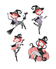 Hand drawn Retro illustration Halloween Characters. Creative Cartoon art work. Actual vector drawing Holiday Witches. Artistic isolated Vintage Person