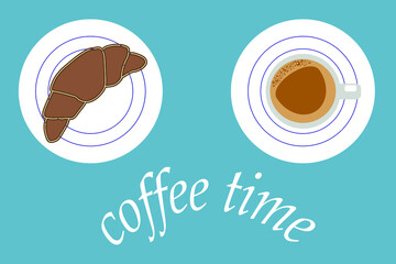 Coffee break with croissant, coffee and croissant top view