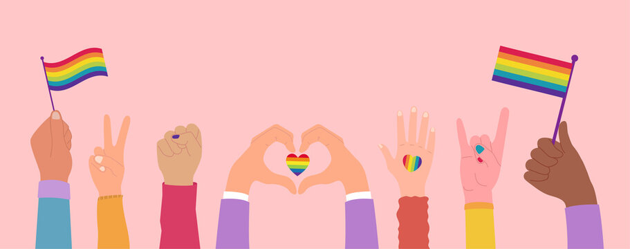 Collection of LGBTQ hands community symbols clipart isolated. Hands with flags, concept of LGBT people elements. fist, love, heart, peace and rock. Gay parade. gay, lesbian and trans icons vector set