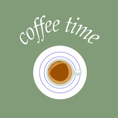 Black coffee in white cup isolated on green background from above, realistic cafe mug and saucer with hot drink.