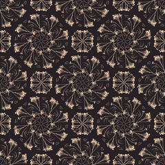 Geometric symmetrical seamless pattern with herbarium elements.