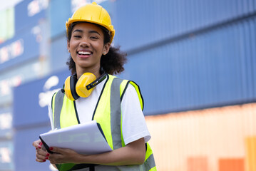Portrait happy foreman, engineer use clipboard at container ship