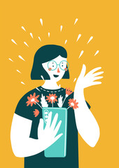 Young woman chatting with her boyfriend through mobile phone. Girl with smartphone flirting and liking online. Love is in the air. Vector illustration