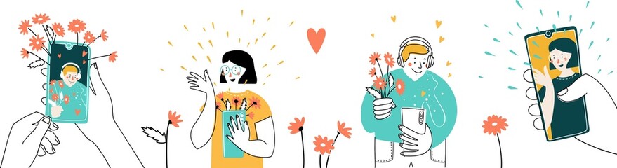 Loving happy couple chatting. Communication in social networks or messengers by phone. Guy and girl communicate via video call. Love is in the air. Vector illustration