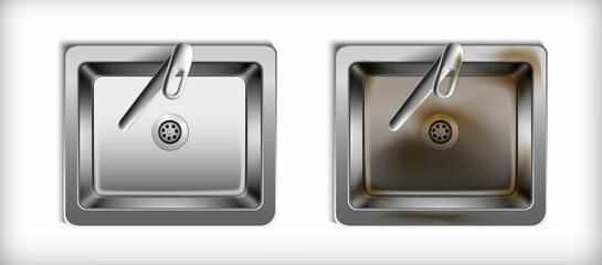 3d realistic vector mock up. Metal kitchen washbasin with and without rust.