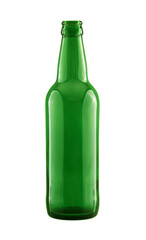 Empty green glass bottle isolated on white background with clipping path
