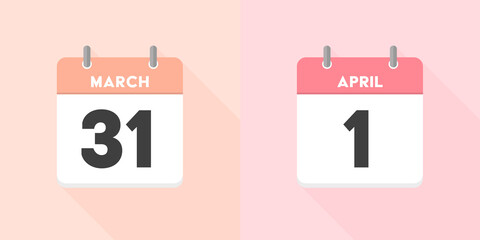 Fototapeta na wymiar 3月の終わりと4月の始まりのカレンダー：3月31日と4月1日の日めくりカレンダーのセット - 春・新年度