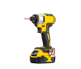 The yellow and black cordless battery powered drill isolated on white background.