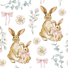 Watercolor seamless easter pattern with eucalyptus, flowers, bow, bunnies. Isolated on white background. Hand drawn clipart. Perfect for card, textile, tags, invitation, printing, wrapping.