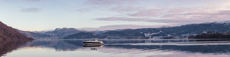 morning water landscape boat Fjord Etnesjøen Norway