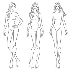 Beautiful slim women. Fashion models posing, vector sketch illustration. Nine head fashion figure templates. Fashion female croquis, vector set.