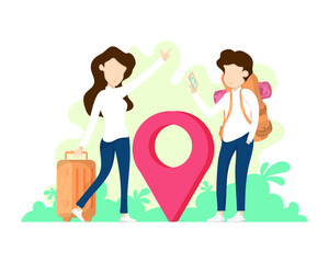 Vector creative young people design, Cartoon character young people search location map with smartphone, Concept couples vacation travel.