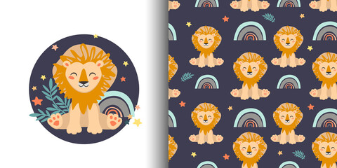A set of illustrations and seamless patterns with a cute lion cub.A pattern with lions and a rainbow. Children's jewelry and textiles
Web