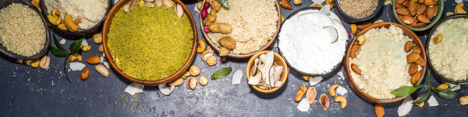 Alternative nut flour. Various keto paleo gluten, grain free flour source set, natural nut-based vegan baking. Almond, coconut, brazil nut, macadamia, walnut, cashew, pistachio, hazelnut, peanut flour