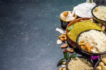 Alternative nut flour. Various keto paleo gluten, grain free flour source set, natural nut-based vegan baking. Almond, coconut, brazil nut, macadamia, walnut, cashew, pistachio, hazelnut, peanut flour