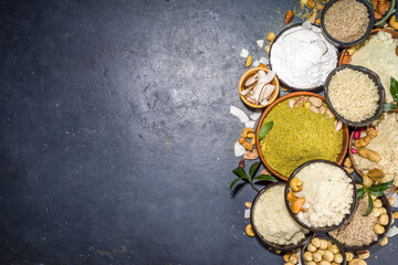 Alternative nut flour. Various keto paleo gluten, grain free flour source set, natural nut-based vegan baking. Almond, coconut, brazil nut, macadamia, walnut, cashew, pistachio, hazelnut, peanut flour