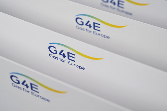 Hamburg, Germany - February 6, 2022: Logo of Gas for Europe - G4E is the owner and operator of the German part of the Nord Stream 2 Pipeline