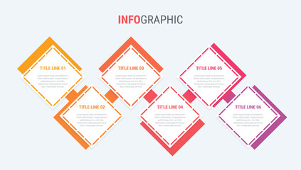 Red diagram, infographic template. Timeline with 6 options. Square workflow process for business. Vector design.
