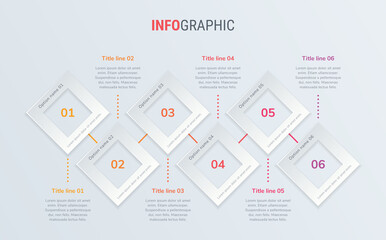 Abstract business square infographic template with 6 options. Red diagram, timeline and schedule isolated on light background.
