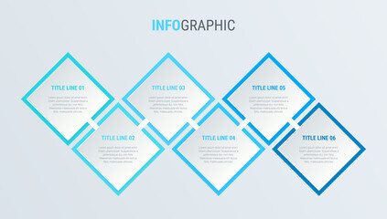 Blue diagram, infographic template. Timeline with 6 steps. Square workflow process for business. Vector design.
