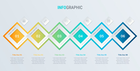 Abstract business square infographic template with 6 steps. Colorful diagram, timeline and schedule isolated on light background.
