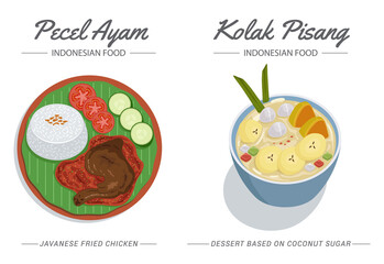 Pecel Ayam is Spicy Javanese Fried Chicken and Kolak Pisang is an Indonesian dessert based on coconut sugar with banana. An Iftar Meal.