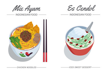 Mie Ayam is traditional Indonesian chicken noodle and Es Cendol is a tradisional Indonesian iced sweet dessert. 