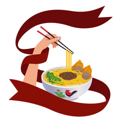Illustration or vector hands holding chopstick and noodles on traditional bowl with red ribbon.