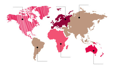 Vector illustration. Info graphics. The world map is divided into six continents in beige and pink colors: North America, South America, Africa, Europe, Asia and Australia, Oceania. No inscriptions.
