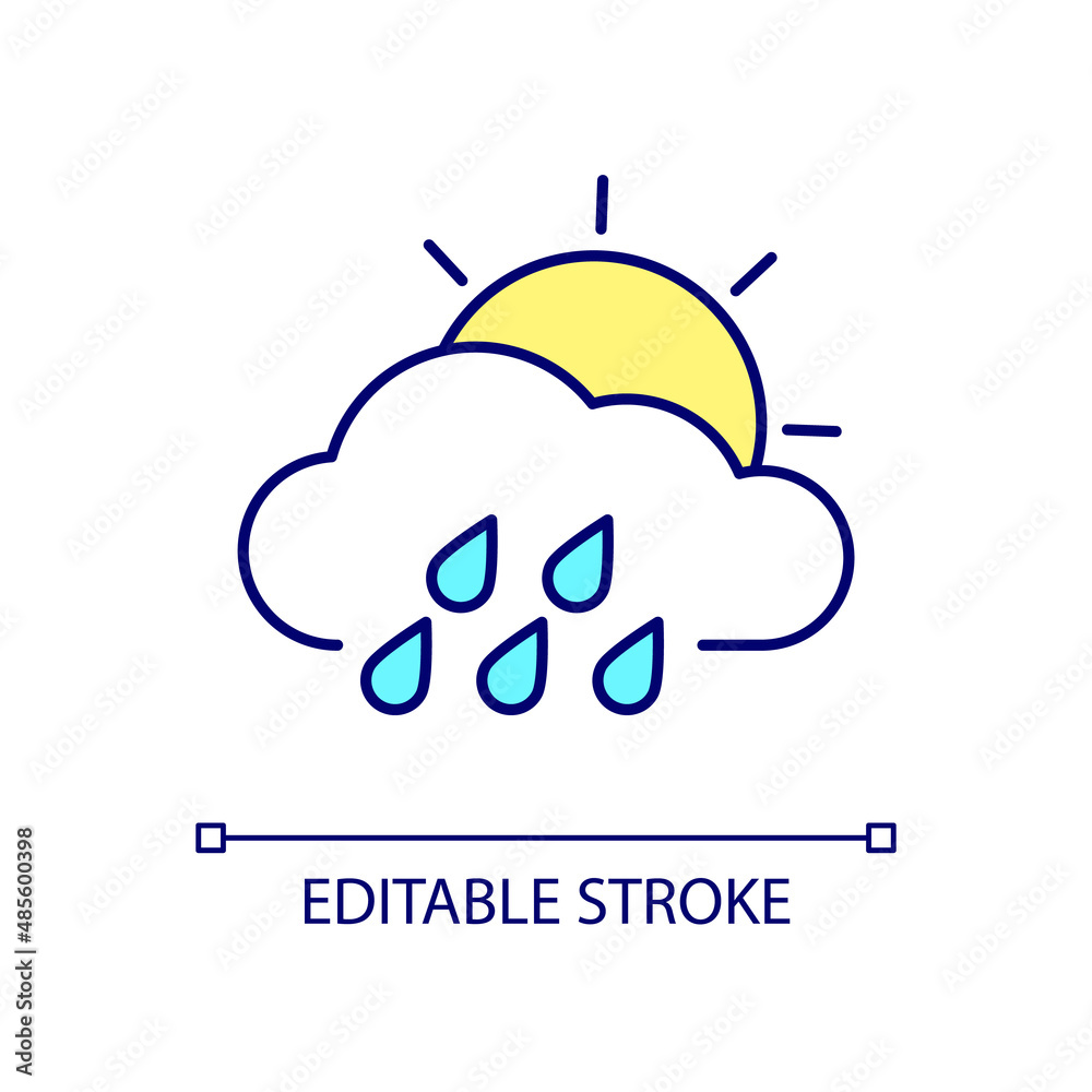 Poster Cloudy weather with rainfall RGB color icon. Accurate report. Weather forecast. Overcast sky condition. Isolated vector illustration. Simple filled line drawing. Editable stroke. Arial font used