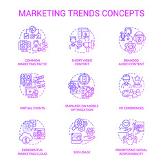 Marketing trends purple gradient concept icons set. Business promotion campaign. Customer engaging idea thin line color illustrations. Isolated symbols. Roboto-Medium, Myriad Pro-Bold fonts used