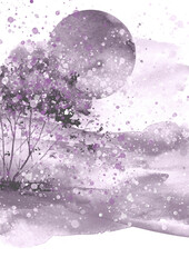 Watercolor landscape. Sunset, eclipse. trees, bushes, field, wild grass. the silhouette of the forest. Art painting, painting, logo. Hill, hillock. Watercolor paint splash.
