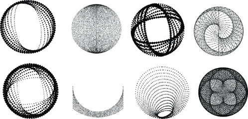 Set of lines in Circle Form . Spiral Vector Illustration .Big collection of round Logos . Rouhgen edges . Abstract Geometric circular shapes .Rotating radial lines collection. Concentric circles