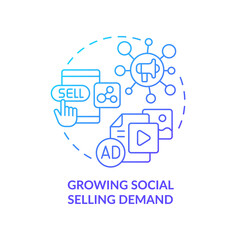Growing social selling demand blue gradient concept icon. Digital promotion. SMM marketing trend abstract idea thin line illustration. Isolated outline drawing. Myriad Pro-Bold font used - obrazy, fototapety, plakaty