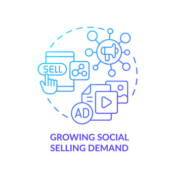 Growing social selling demand blue gradient concept icon. Digital promotion. SMM marketing trend abstract idea thin line illustration. Isolated outline drawing. Myriad Pro-Bold font used