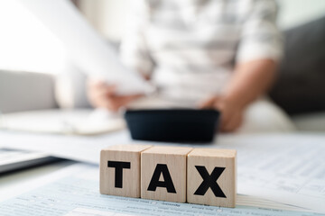 Woman is calculating annual tax, monthly expenses with calculator and filling form of Individual...