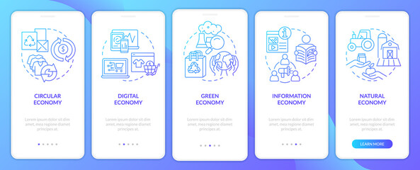 Economy models blue gradient onboarding mobile app screen. Marketing walkthrough 5 steps graphic instructions pages with linear concepts. UI, UX, GUI template. Myriad Pro-Bold, Regular fonts used