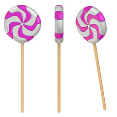 White and pink delicious lollipop. Set of the view of white and pink lollipop against white background. 3D illustration