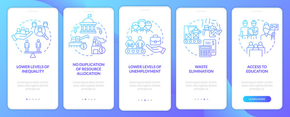 Centrally planned ES blue gradient onboarding mobile app screen. Walkthrough 5 steps graphic instructions pages with linear concepts. UI, UX, GUI template. Myriad Pro-Bold, Regular fonts used