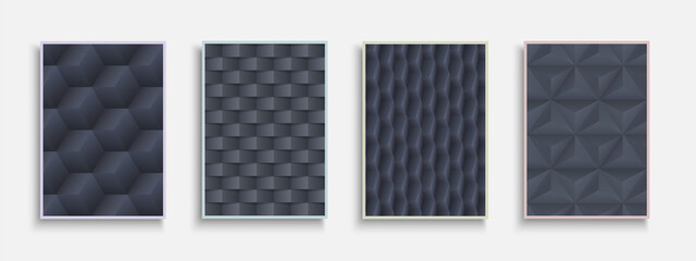 Set of vector dark abstract posters, templates, placards, brochures, banners, flyers, backgrounds. Elegant geometric textures - creative 3d cover design