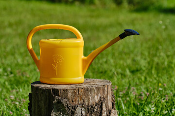Yellow watering can in garden. Shallow depth of field
