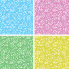 Collection set of 4 Easter eggs seamless pattern in line art style  on yellow, pink, blue and green backgrounds. Great for Easter greeting cards, gift wrapping paper and textile. 
