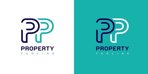 Letter PP, P Logo Design. Property Logo. On white, cyan, and blue colors. Simple, luxurious, and elegant template illustration vector