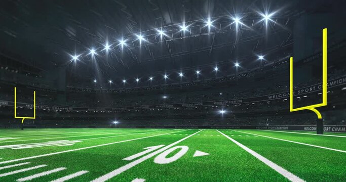  American football stadium with yellow goalposts, grass field and glowing spotlights and camera flashes. Sport advertisement 4K video loop.