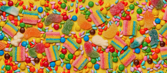 Colorful assortment of candies   on yellow background. Top view, banner