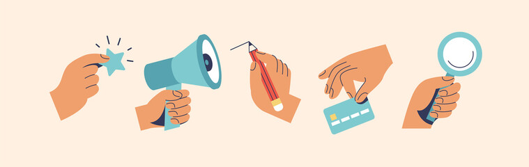 Various Hands holding things. Hands with megaphone, glass loupe, pencil, star and credit debit card. Vector illustration.