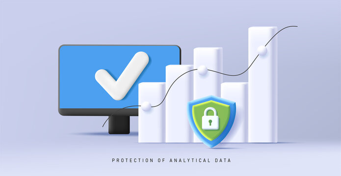 3d Composition With Desktop Computer And White Bar Chart With Security Protection Icon