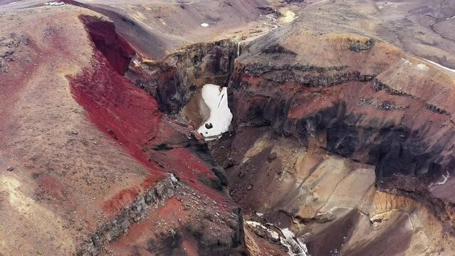 Aerial view on colorful Dangerous Canyon (Opasniy Canyon) near the Mutnovsky volcano on the Kamchatka Peninsula, Russia, 4k